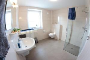 StickHaus 4711 rechtes Haus in Tossens的带水槽、马桶和淋浴的浴室