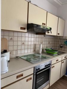 a kitchen with a stove and a counter top at Ferienwohnung in der Schleife in Rendsburg