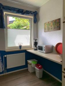 a kitchen with a counter with a microwave and a window at Ferienwohnung in der Schleife in Rendsburg