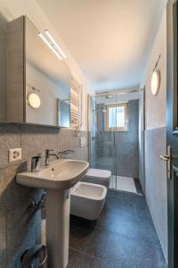 Un baño con lavabo, ducha e inodoro. en Chesa Alta - Celerina, en Celerina