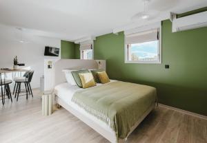 a bedroom with a bed and a green wall at Appart Hotel Neostelia in Annecy