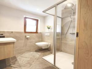 a bathroom with a toilet and a glass shower at Exclusive apartment with garden and whirlpool in Ramsau +19 photos