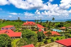 an aerial view of a house with red roofs at Bungalow avec piscine au cœur de la campagne Vert in Sainte-Marie
