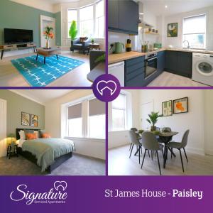 two pictures of a kitchen and a living room at Signature - St James House in Abbotsinch