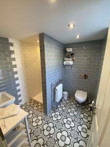 a bathroom with a toilet and a blue tiled floor at Pension Gablenz in Chemnitz +12 photos