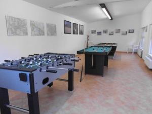 two ping pong tables are lined up in a room at Ferienwohnungen Charlottenhof in Zechlinerhütte