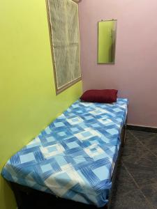 ハンピにあるTejas homestay hampiの緑とピンクの部屋のベッド1台 +1枚の写真