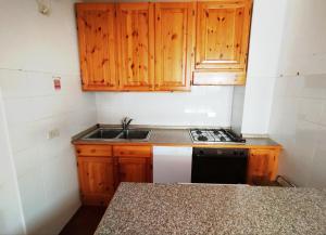 a small kitchen with wooden cabinets and a sink at Villa Carla - Lago in Mezzolago