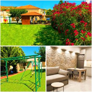 un collage de fotos con una casa y un jardín en Marilia & Myronas Lemnos Apartments, en Mirina