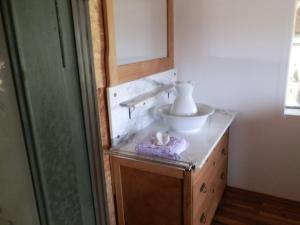 a bathroom with a sink and a mirror on a counter at Steigmatt Bauernhof- Erlebnis in Montlingen