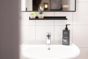 a soap dispenser on a white sink in a bathroom at Altbauoase Fulda - ruhig, zentral, Terrasse, Bahnhof 400m - in Fulda +34 photos