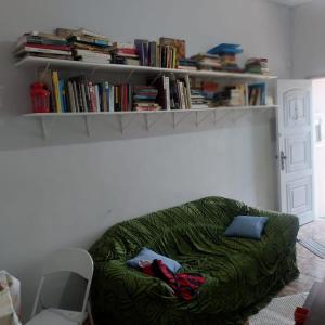 - un canapé vert dans le salon avec une étagère dans l'établissement Canto doce in Santa Tereza Rio de Janeiro, à Rio de Janeiro