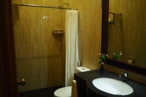 a bathroom with a sink and a shower and a toilet at The Gecho Inn Town in Jepara