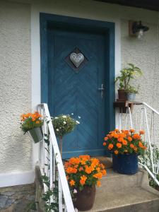 a blue door with flowers on the steps at Kellerstöckl am veganen Bio-Lebenshof "Varm - die vegane Farm" in Bergla