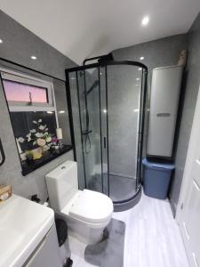 a bathroom with a shower and a toilet at Lovely 3 bedroom house in Strood