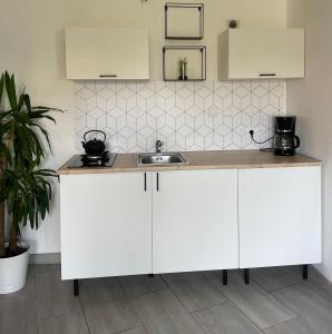 a kitchen with white cabinets and a sink at Émeraude in Penmarch +13 photos