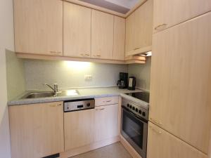 a small kitchen with wooden cabinets and a sink at Large Apartment in Maria Alm with Terrace in Maria Alm am Steinernen Meer