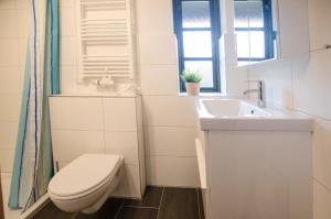 a white bathroom with a toilet and a sink at Haus Schünemann 4 in Kellenhusen +5 photos