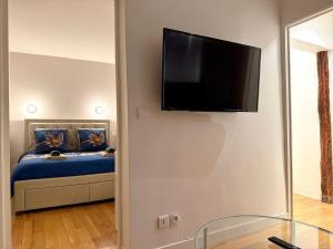a bedroom with a bed with a flat screen tv on the wall at Charmant cocon au cœur de Montmartre in Paris