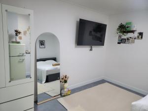 a living room with a mirror and a tv on a wall at Moneystay Daegu Palgongsan in Daegu +48 photos