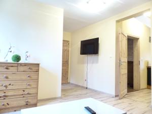 a bedroom with a dresser and a tv on a wall at Ferienwohnung Sonne in Walsrode