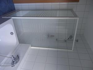 a glass shower in a bathroom with white tiles at Exclusive kuschelige Wohnung im Herzen FrankensEuropa in Gaukönigshofen