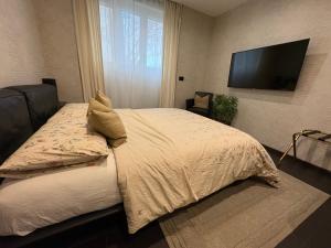a bedroom with a bed and a flat screen tv at Ursich casa studio in Trieste