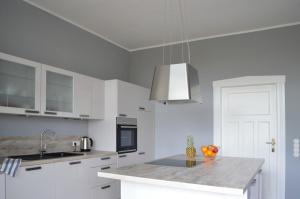 a kitchen with a counter with a bowl of fruit on it at Traumkrone Ferienwohnungen - Wiesengrün in Schortens