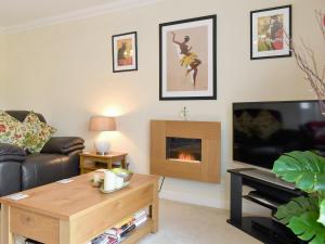 a living room with a couch and a fireplace at Elizabeth House in Bampton