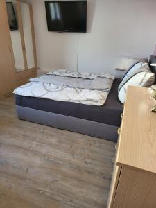 a bed in a room with a tv on the wall at Schwarzwald Residenz in Bad Dürrheim +34 photos