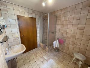 een badkamer met een wastafel en een douche bij Ferienwohnung in Frielendorf in Frielendorf +1 foto