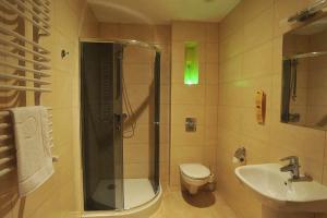 a bathroom with a shower and a toilet and a sink at Hotel Rycerski in Czeladź +51 photos