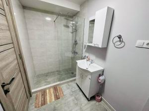 une salle de bain avec douche, lavabo et toilettes dans l'établissement Gudauri Twins Beauty 239, à Goudaouri 18 autres photos