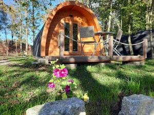 Silberstedt26 Premium Camping Pod "Föhr"的小木屋,配有椅子,位于草地上