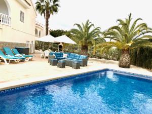 a swimming pool with blue chairs and palm trees at Casa Sara - Private Villa with Private Pool in Ciudad Quesada