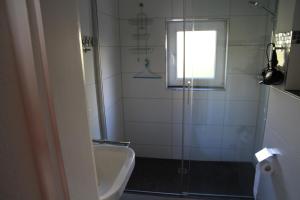 a bathroom with a shower and a sink and a toilet at Wohnung Julius 1 in Sankt Andreasberg +6 photos