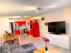 a living room with a couch and a flat screen tv at Spacieux T2 en plein centre de Chorges in Chorges