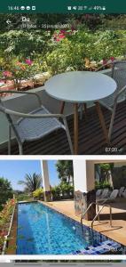 a collage of two pictures of a table and a pool at Condo for rent Kata Beach in Ban Kata +3 photos