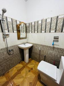 a bathroom with a sink and a toilet and a mirror at Lavender Apartment Welimada in Ambagasdowa