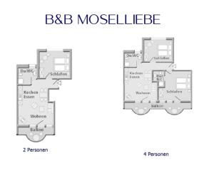 Půdorys ubytování Wohnung 2 Pers 1 Schlafzimmer und Wohnzimmer mit Balkon und Blick auf die Mosel + 4 fotografie