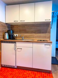 une cuisine avec des armoires blanches et un évier dans l'établissement Haus Dora Apartment 4 Panoramablick, à Mayrhofen
