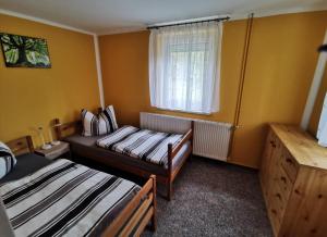 a small room with two beds and a window at Duschkas Ferienwohnung in Am Frühlingsberg