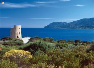 a lighthouse on the shore of a body of water at Virgilio's House in Tertenìa