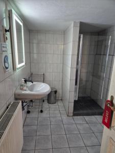 ein Badezimmer mit Waschbecken und Dusche in der Unterkunft Montage Wohnung zum Walnussbaum Deutschhof in Deutschhof + 11 Fotos