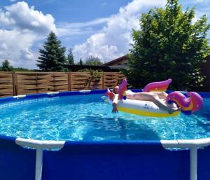 a person riding on a raft in a swimming pool at Letnia Chata u Romana in Zalewo