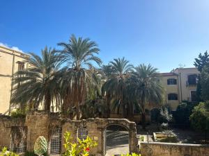 a group of palm trees in a courtyard with an arch at B&B Domus Dei Cocchieri in Palermo