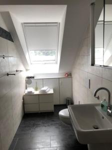 a bathroom with a sink and a toilet and a window at Brühl, FeWo am Heider Bergsee - 3 Sterne DTV in Brühl +21 photos