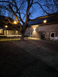 Ein Baum vor einem Gebäude in der Nacht in der Unterkunft Montage Wohnung zum Walnussbaum Deutschhof in Deutschhof