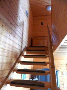 哈瑟尔费尔德Ferienhaus Nr 23, Typ A, Ferienanlage Blauvogel, Hasselfelde, Harz的小屋的楼梯,设有木墙