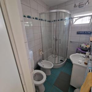 a bathroom with a shower and a toilet and a sink at RELAXED PLACE by the sea in Cesarica